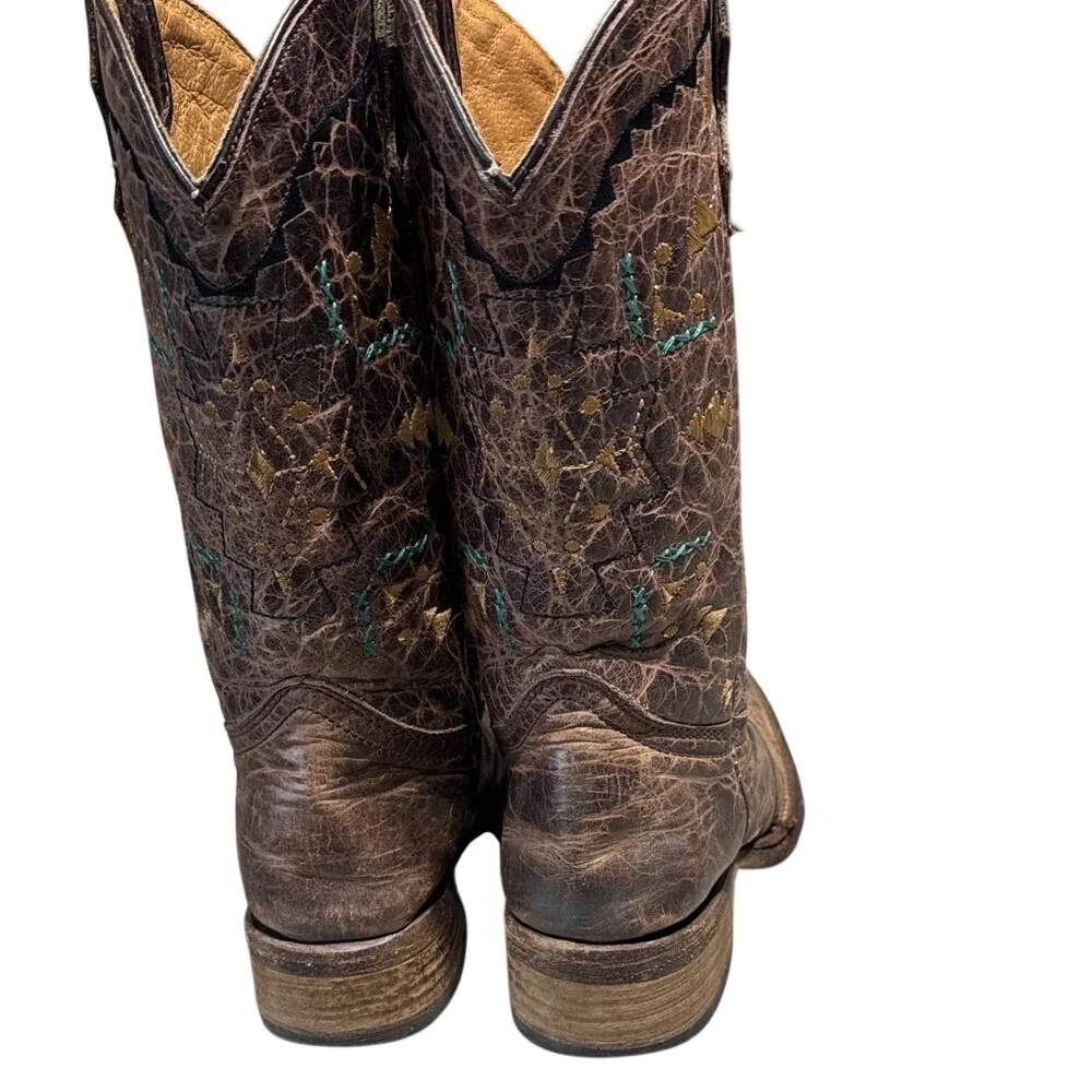 Corral Kids Brown Distressed Leather Southwestern Embroidered Cowboy Boots A3133